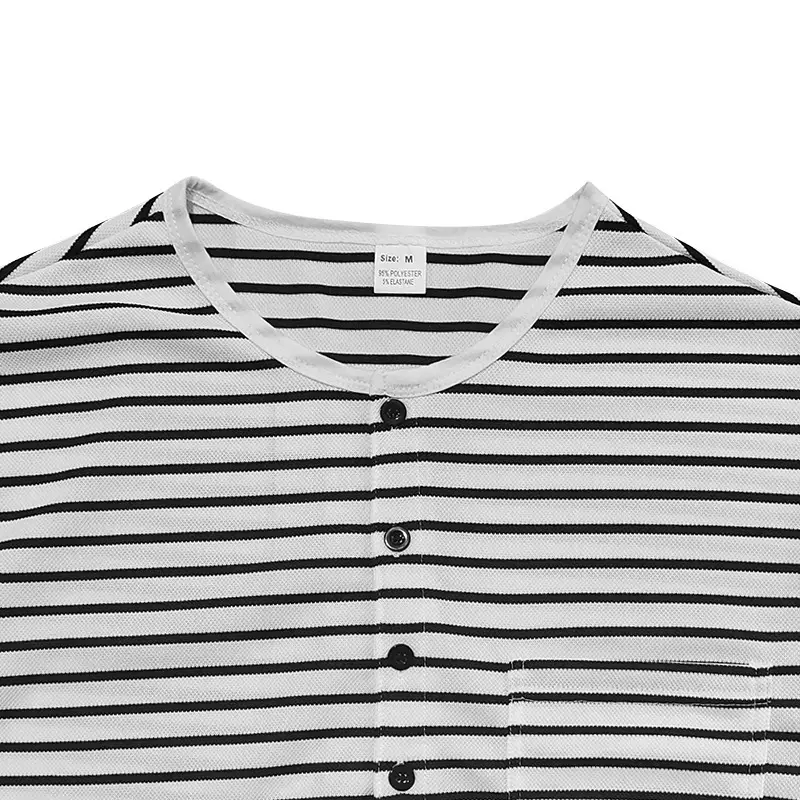 Men's Black White Striped Long Sleeve Henley T-Shirt — feature 7