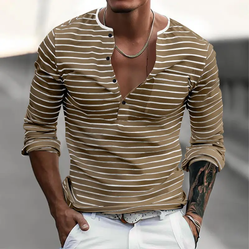 Men's Black White Striped Long Sleeve Henley T-Shirt - Image 4