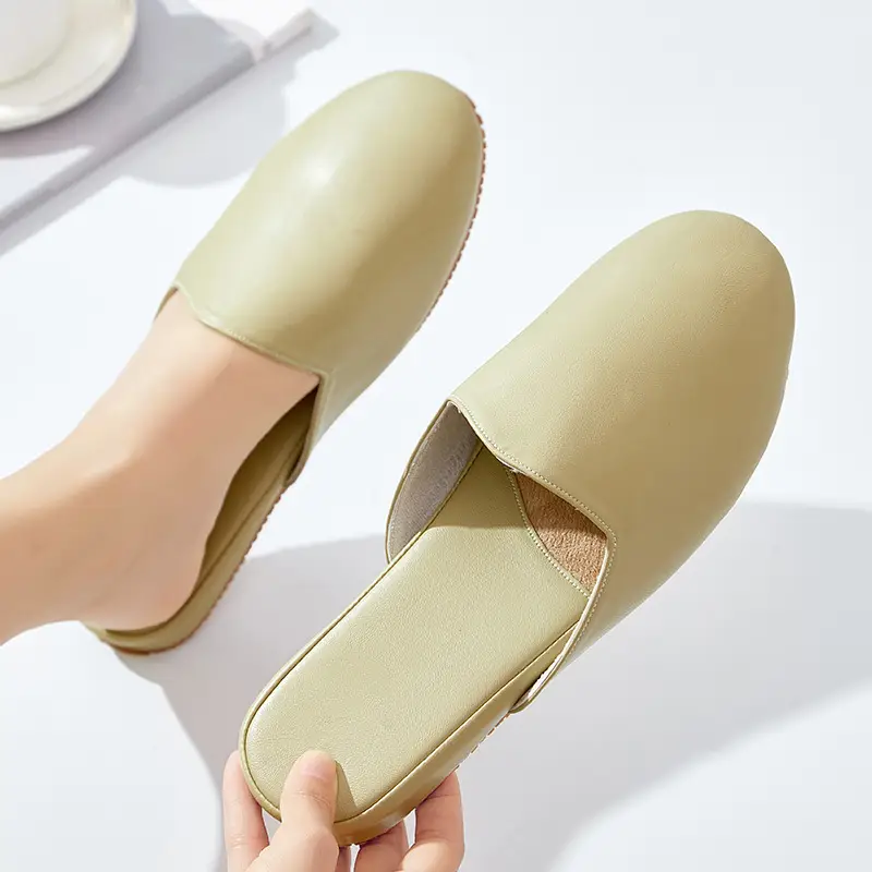 French Style Leather Slippers Women Summer Beige - Image 1