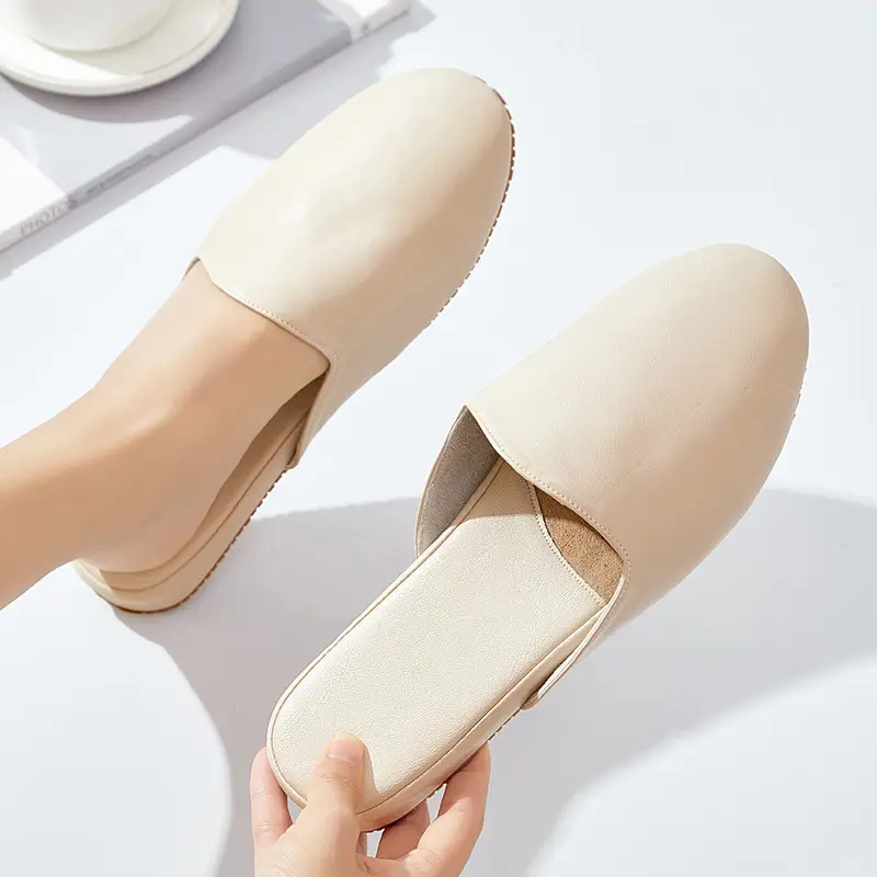 French Style Leather Slippers Women Summer Beige - Image 2