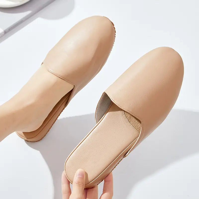 French Style Leather Slippers Women Summer Beige - Image 3