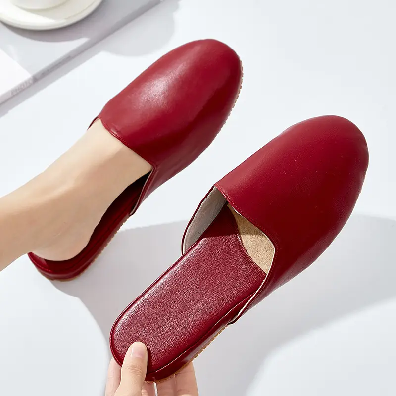 French Style Leather Slippers Women Summer Beige - Image 4