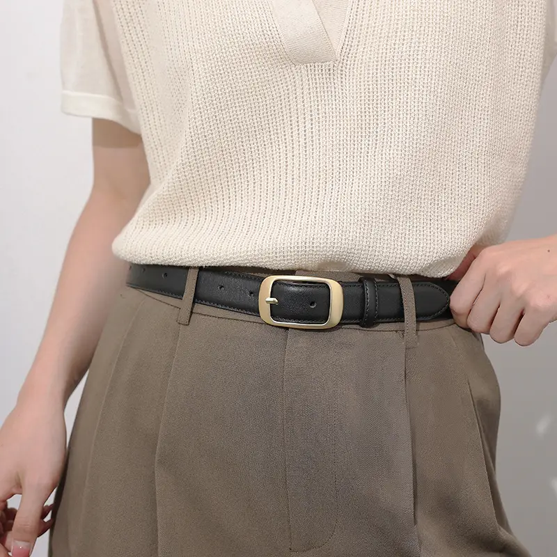 Women Genuine Leather Belt with Gold Buckle Black Slimming Look — feature 6