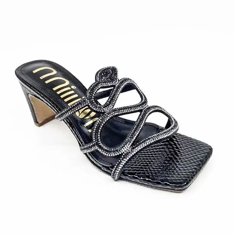 Cross-Border Exclusive Supply for Africa: High-Heeled Women's Slippers with Square Toe, Rhinestones, and Snake Print, Thick-Soled - Image 9