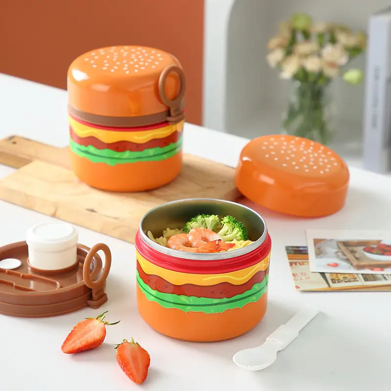 Creative Hamburg Shape Student Round Lunch Box with Handlet Tableware Children's Cute Lunch Box Portable Fruit Lunch Box