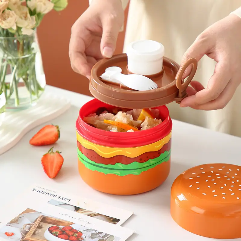 Creative Hamburg Shape Student Round Lunch Box with Handlet Tableware Children's Cute Lunch Box Portable Fruit Lunch Box