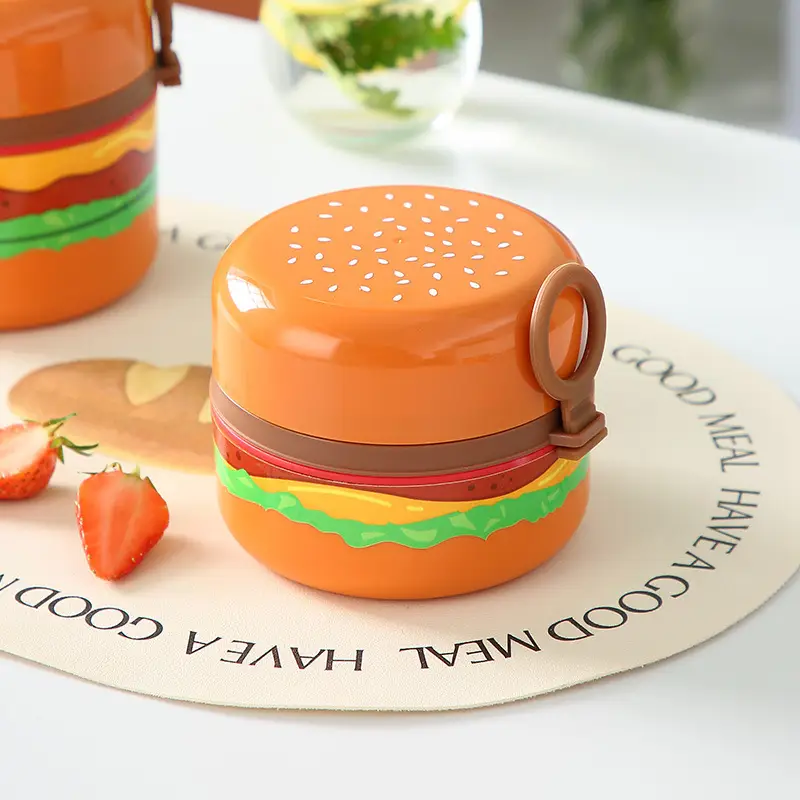 Creative Hamburg Shape Student Round Lunch Box with Handlet Tableware Children's Cute Lunch Box Portable Fruit Lunch Box