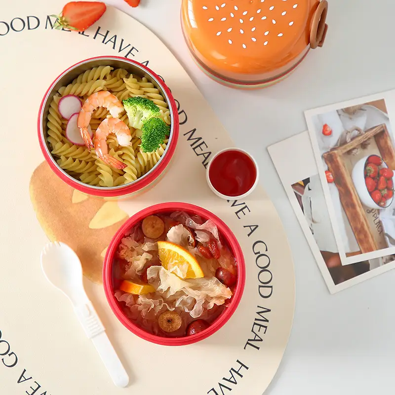 Creative Hamburg Shape Student Round Lunch Box with Handlet Tableware Children's Cute Lunch Box Portable Fruit Lunch Box