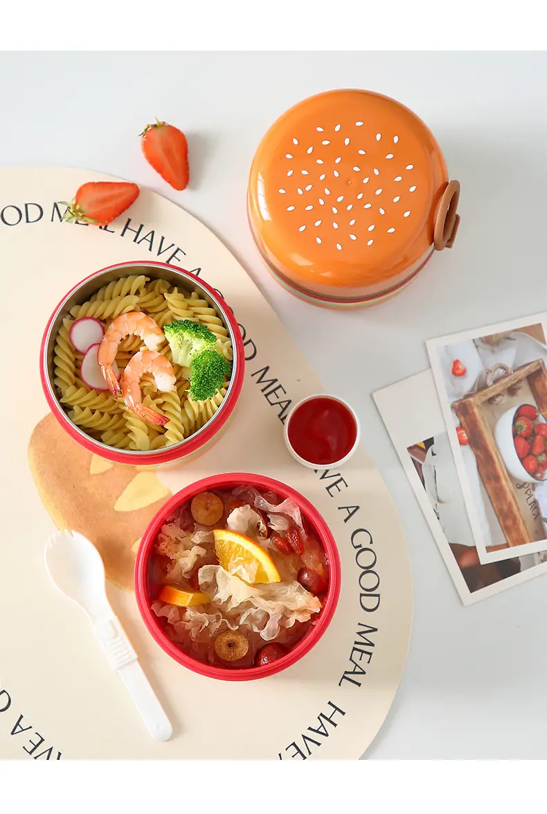 Creative Hamburg Shape Student Round Lunch Box with Handlet Tableware Children's Cute Lunch Box Portable Fruit Lunch Box — feature 13