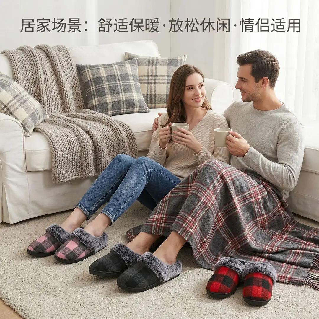Cross-Border Wholesale Furry Slippers, Plaid Fleece-Lined Cotton Slippers, Non-Slip Thickened Winter Cotton Slippers for Home Use, Factory Customization
