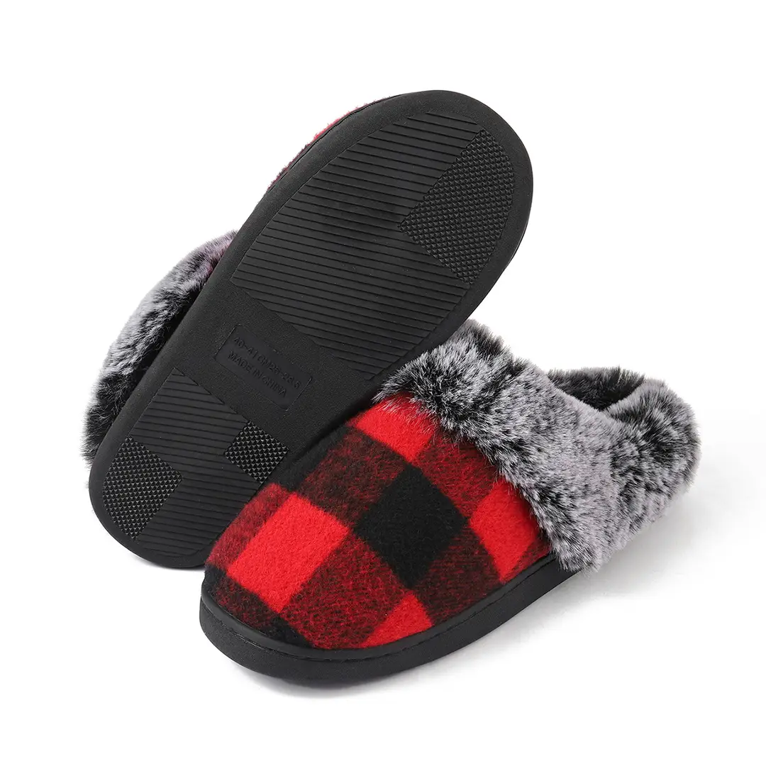 Cross-Border Wholesale Furry Slippers, Plaid Fleece-Lined Cotton Slippers, Non-Slip Thickened Winter Cotton Slippers for Home Use, Factory Customization