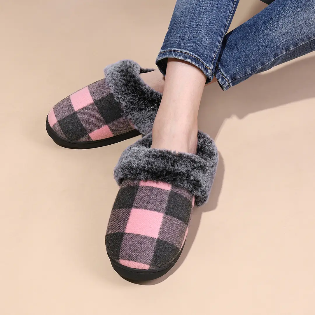 Cross-Border Wholesale Furry Slippers, Plaid Fleece-Lined Cotton Slippers, Non-Slip Thickened Winter Cotton Slippers for Home Use, Factory Customization — feature 5
