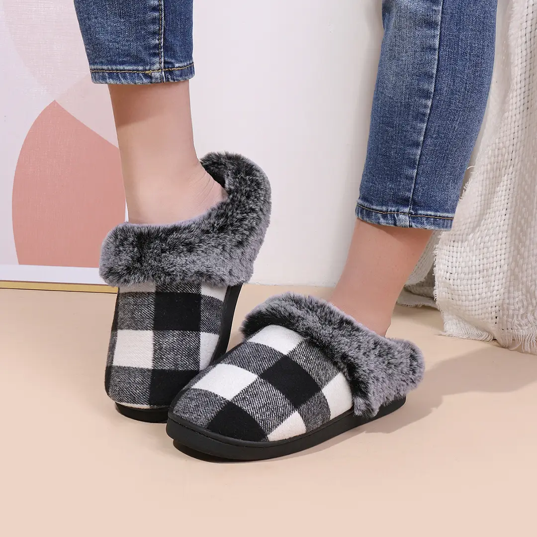 Cross-Border Wholesale Furry Slippers, Plaid Fleece-Lined Cotton Slippers, Non-Slip Thickened Winter Cotton Slippers for Home Use, Factory Customization — feature 8