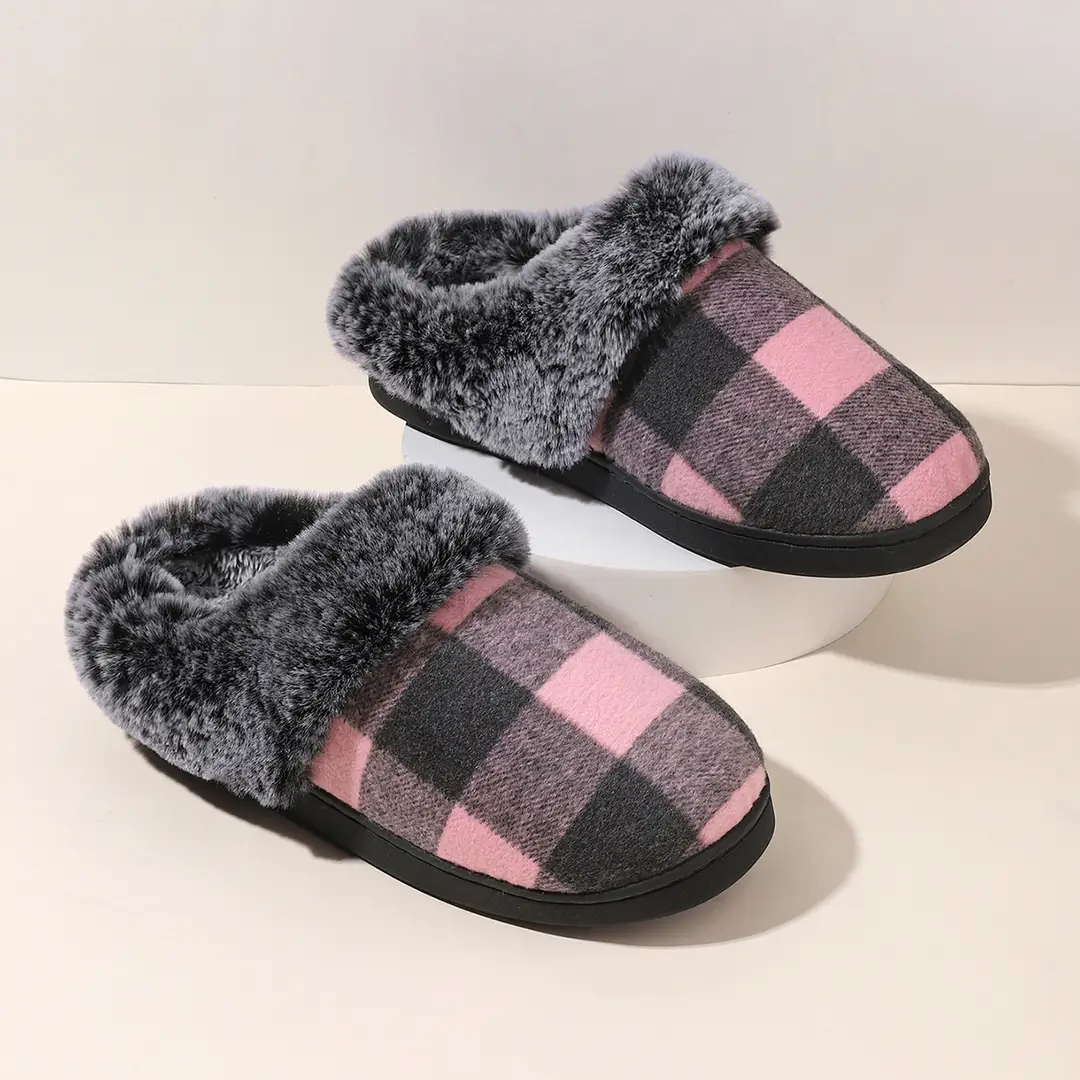 Cross-Border Wholesale Furry Slippers, Plaid Fleece-Lined Cotton Slippers, Non-Slip Thickened Winter Cotton Slippers for Home Use, Factory Customization