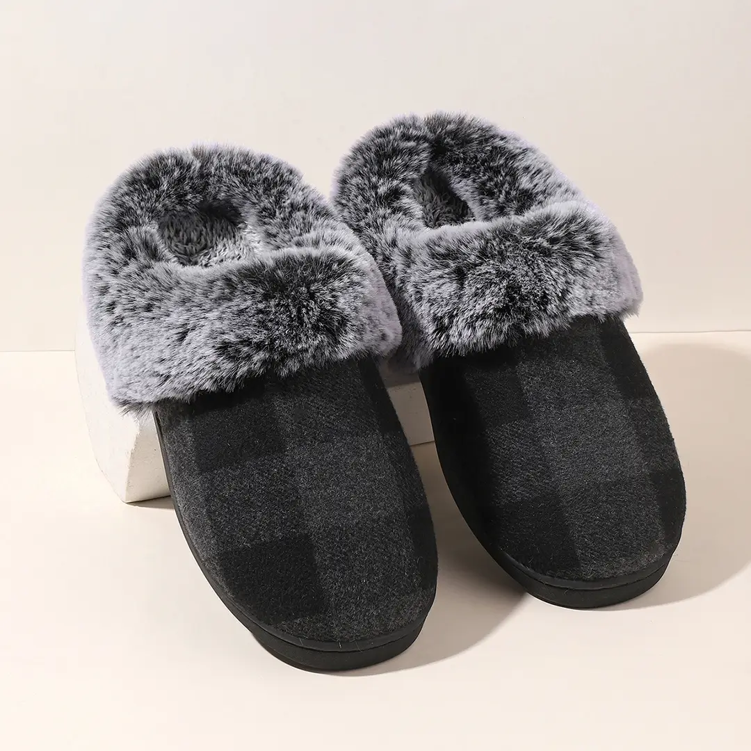 Cross-Border Wholesale Furry Slippers, Plaid Fleece-Lined Cotton Slippers, Non-Slip Thickened Winter Cotton Slippers for Home Use, Factory Customization