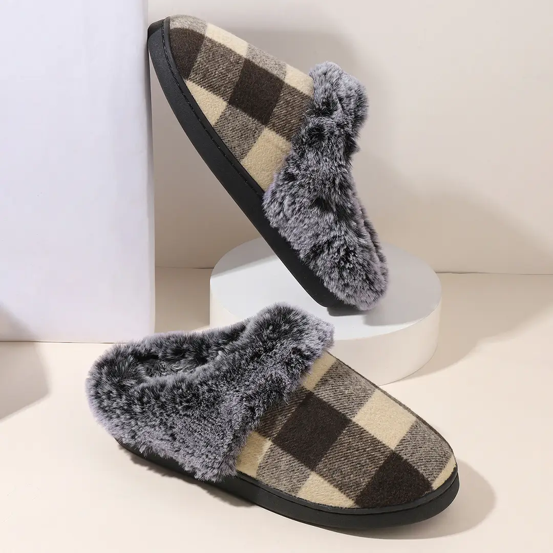 Cross-Border Wholesale Furry Slippers, Plaid Fleece-Lined Cotton Slippers, Non-Slip Thickened Winter Cotton Slippers for Home Use, Factory Customization