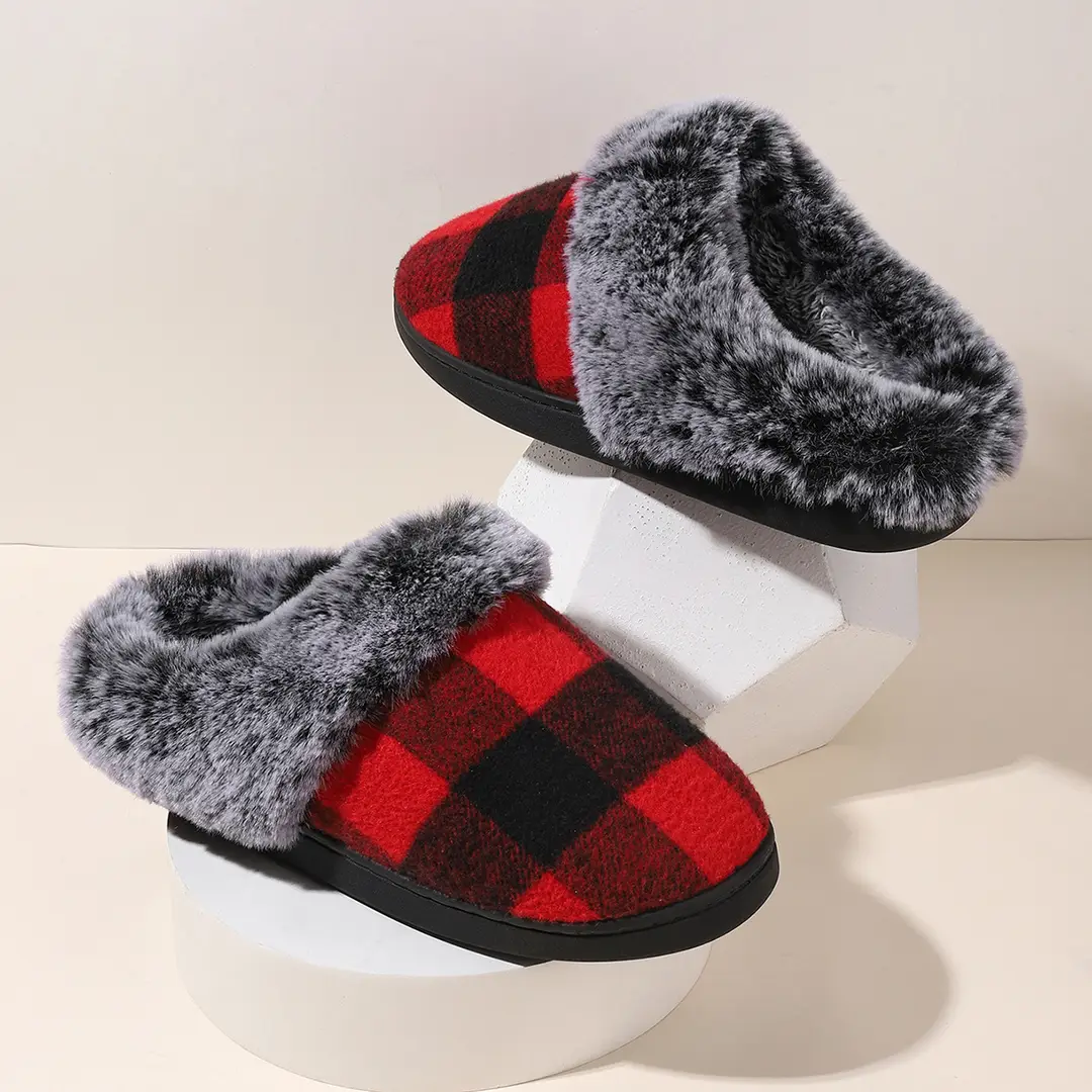 Cross-Border Wholesale Furry Slippers, Plaid Fleece-Lined Cotton Slippers, Non-Slip Thickened Winter Cotton Slippers for Home Use, Factory Customization