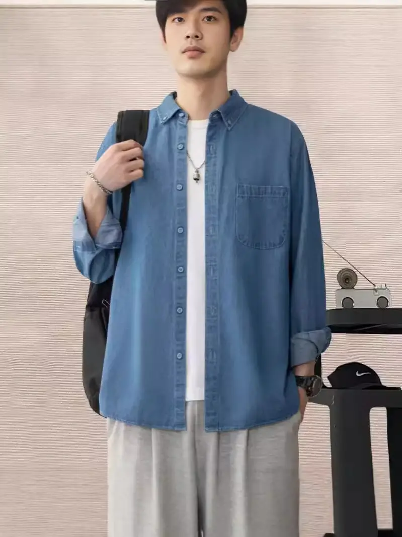 Men's Blue Denim Long Sleeve Shirt Spring Autumn Japanese Style