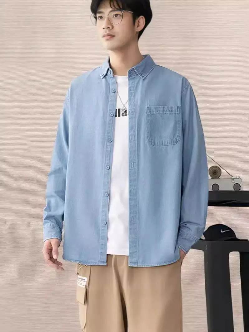 Men's Blue Denim Long Sleeve Shirt Spring Autumn Japanese Style
