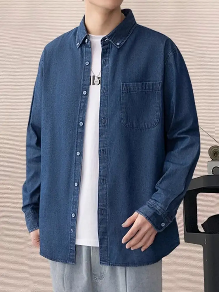 Men's Blue Denim Long Sleeve Shirt Spring Autumn Japanese Style