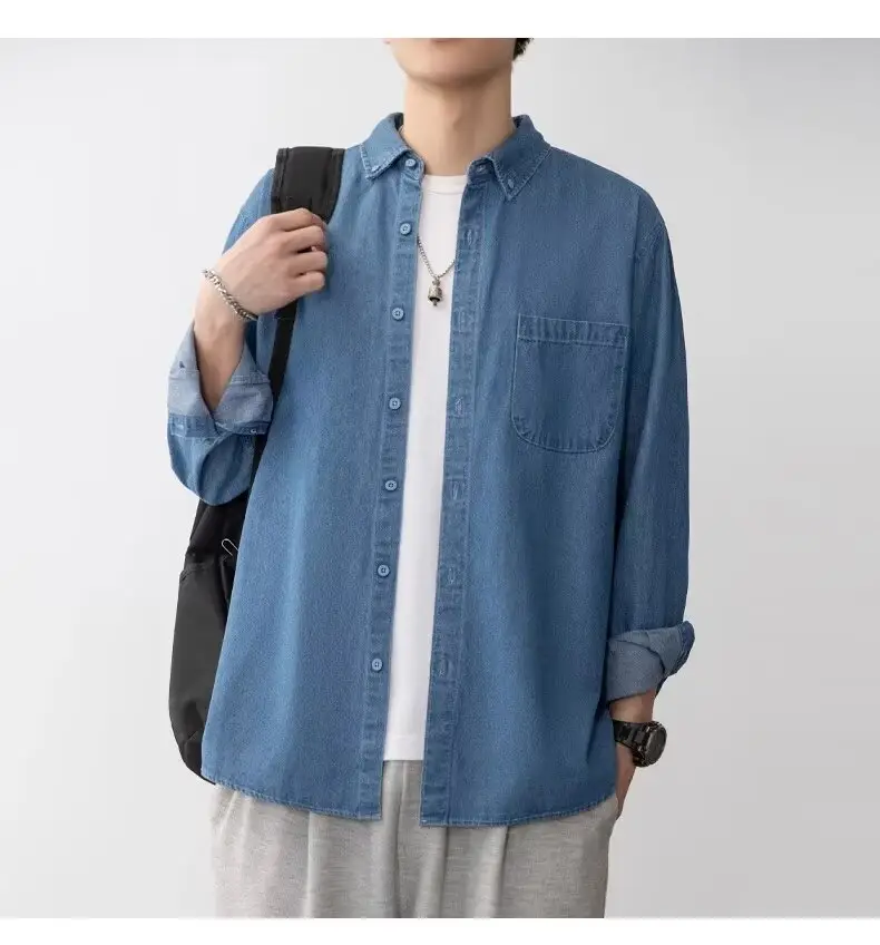 Men's Blue Denim Long Sleeve Shirt Spring Autumn Japanese Style — feature 10