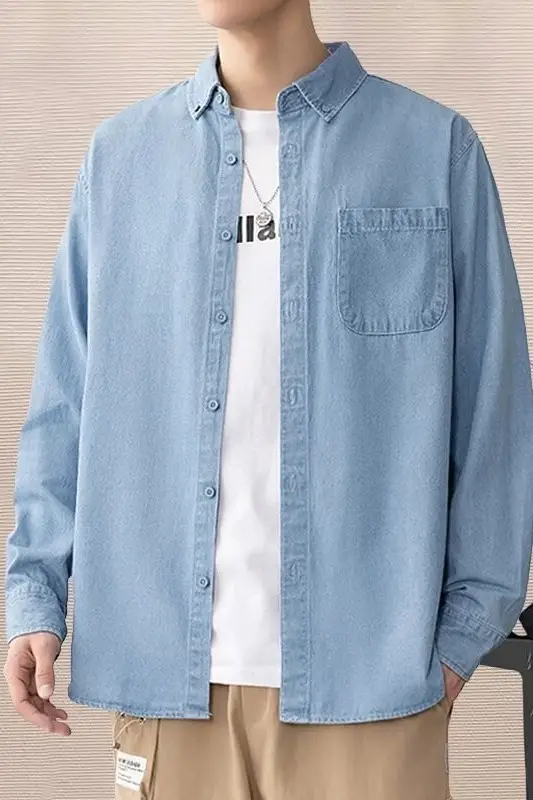 Men's Blue Denim Long Sleeve Shirt Spring Autumn Japanese Style — feature 11