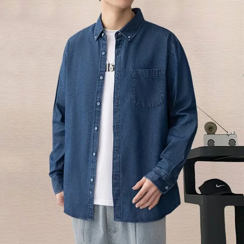 Men's Blue Denim Long Sleeve Shirt Spring Autumn Japanese Style — feature 12