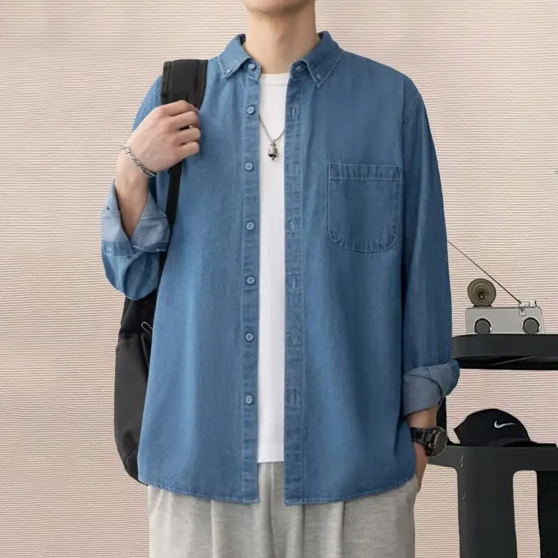 Men's Blue Denim Long Sleeve Shirt Spring Autumn Japanese Style — feature 4