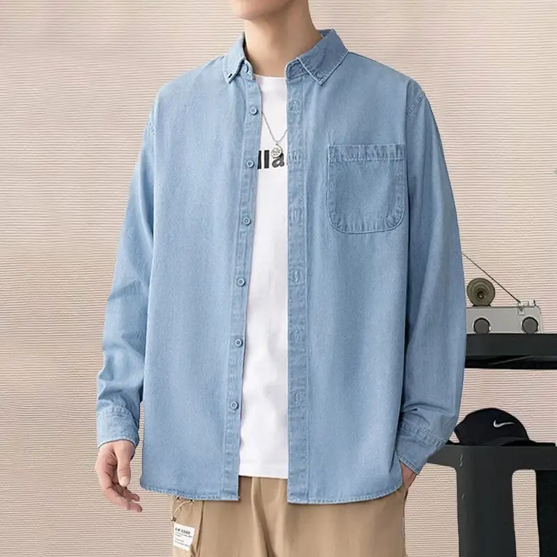 Men's Blue Denim Long Sleeve Shirt Spring Autumn Japanese Style — feature 5