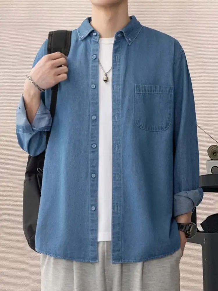 Men's Blue Denim Long Sleeve Shirt Spring Autumn Japanese Style — feature 7