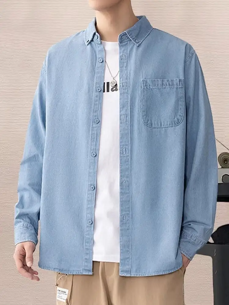 Men's Blue Denim Long Sleeve Shirt Spring Autumn Japanese Style — feature 8
