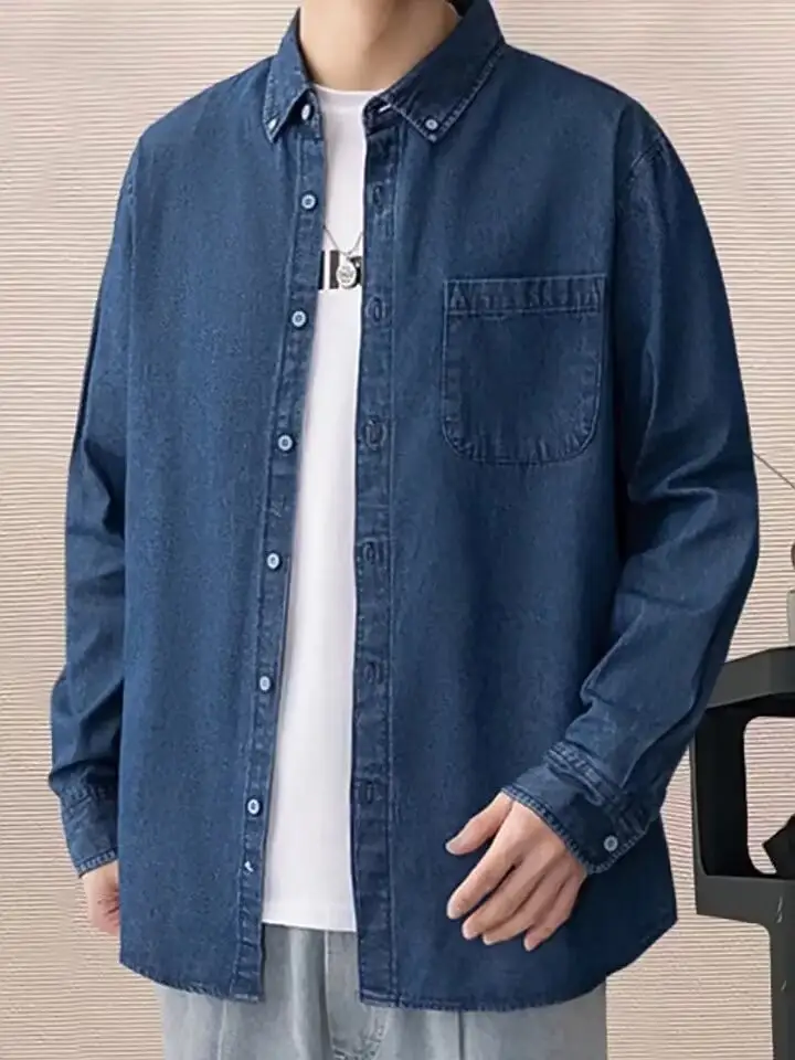 Men's Blue Denim Long Sleeve Shirt Spring Autumn Japanese Style — feature 9