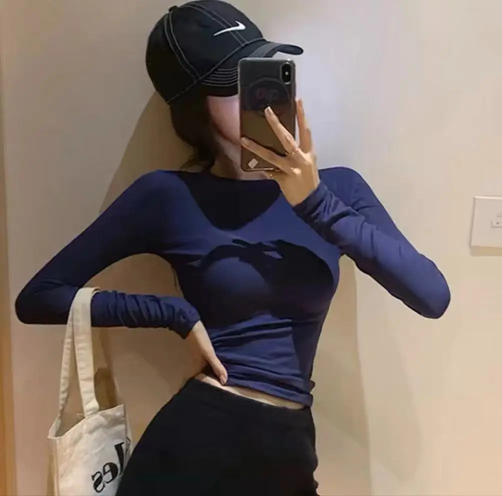 Navy Blue Slim Fit Long Sleeve T-Shirt for Women
