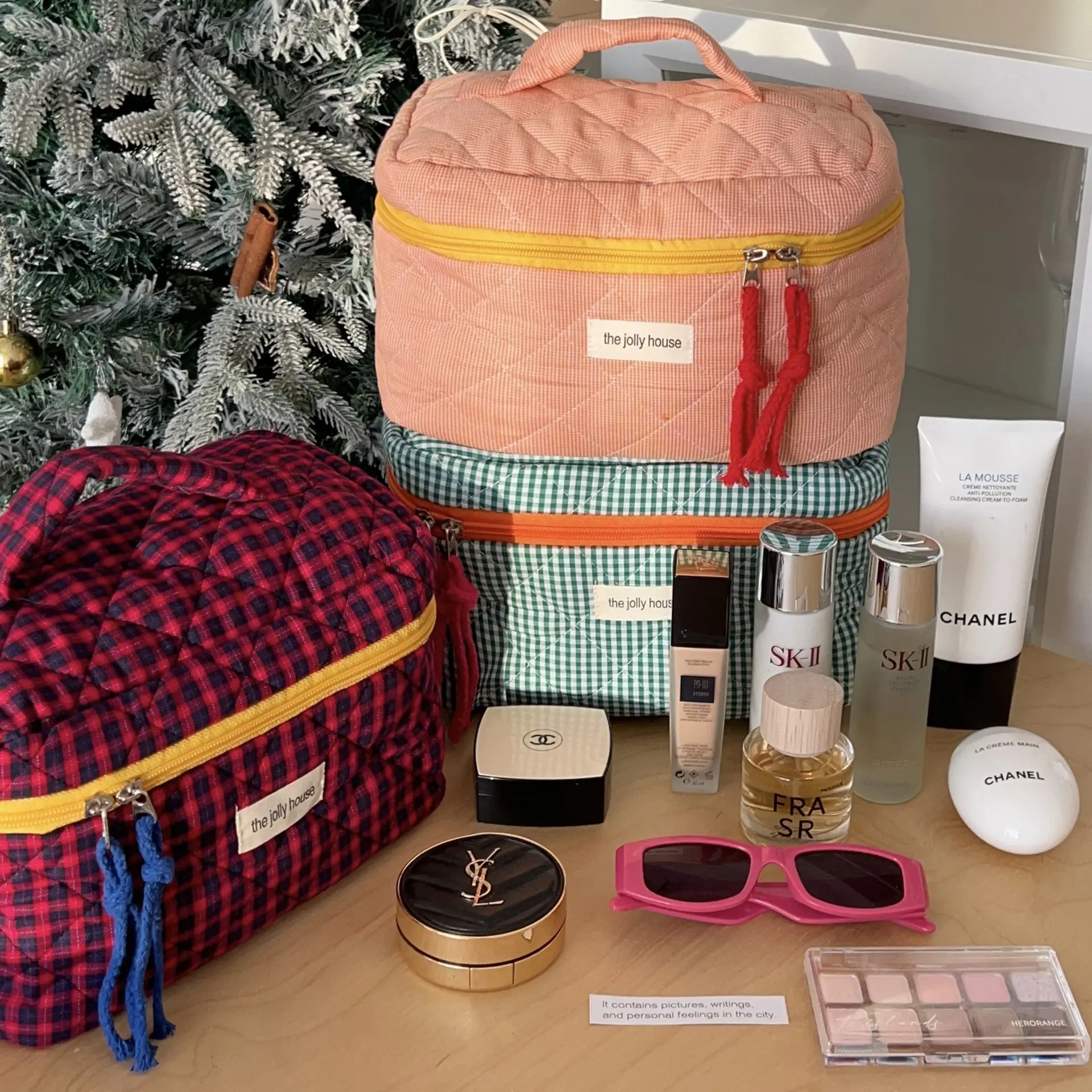 Pink Quilted Cosmetic Bag for Women Large Capacity Travel Bag