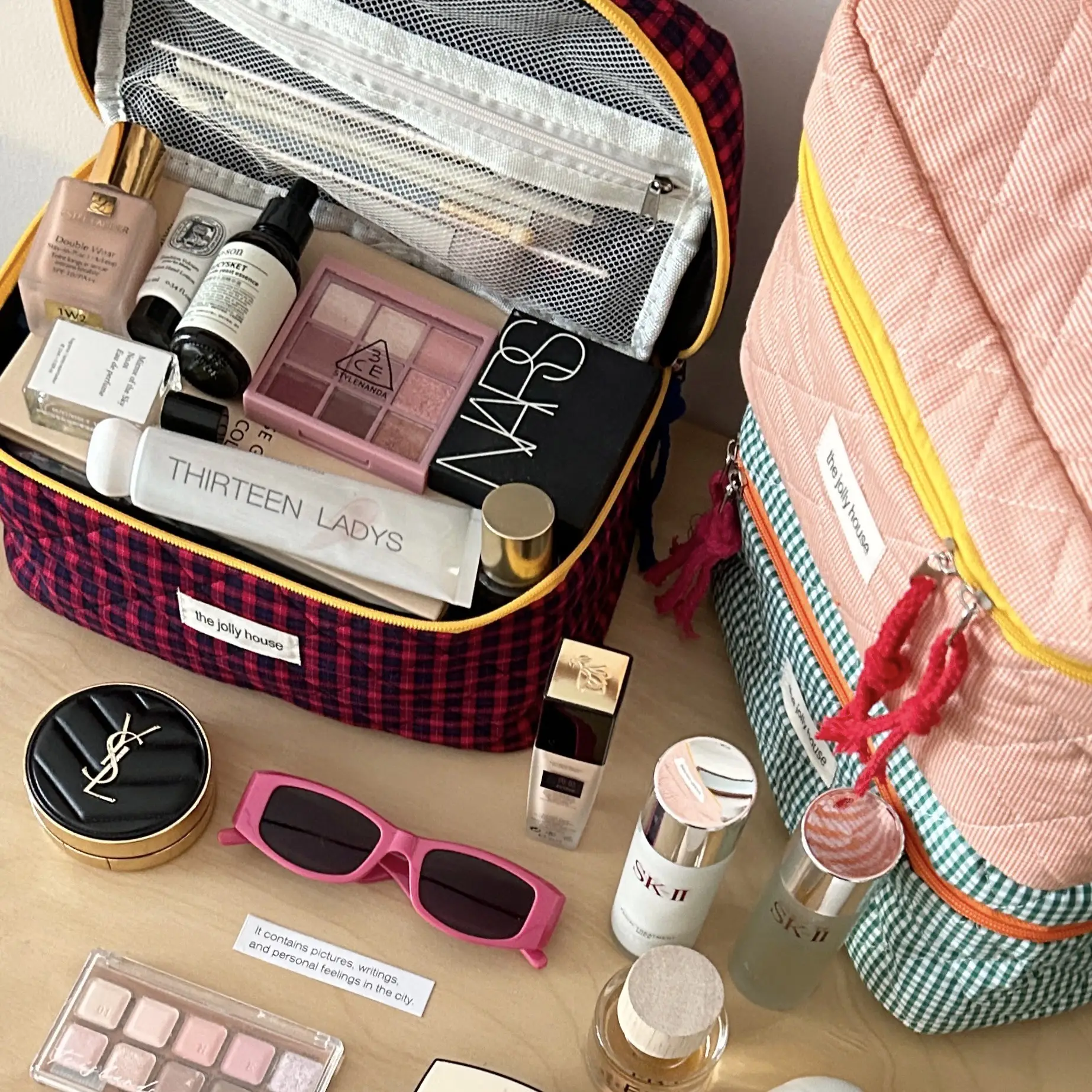 Pink Quilted Cosmetic Bag for Women Large Capacity Travel Bag