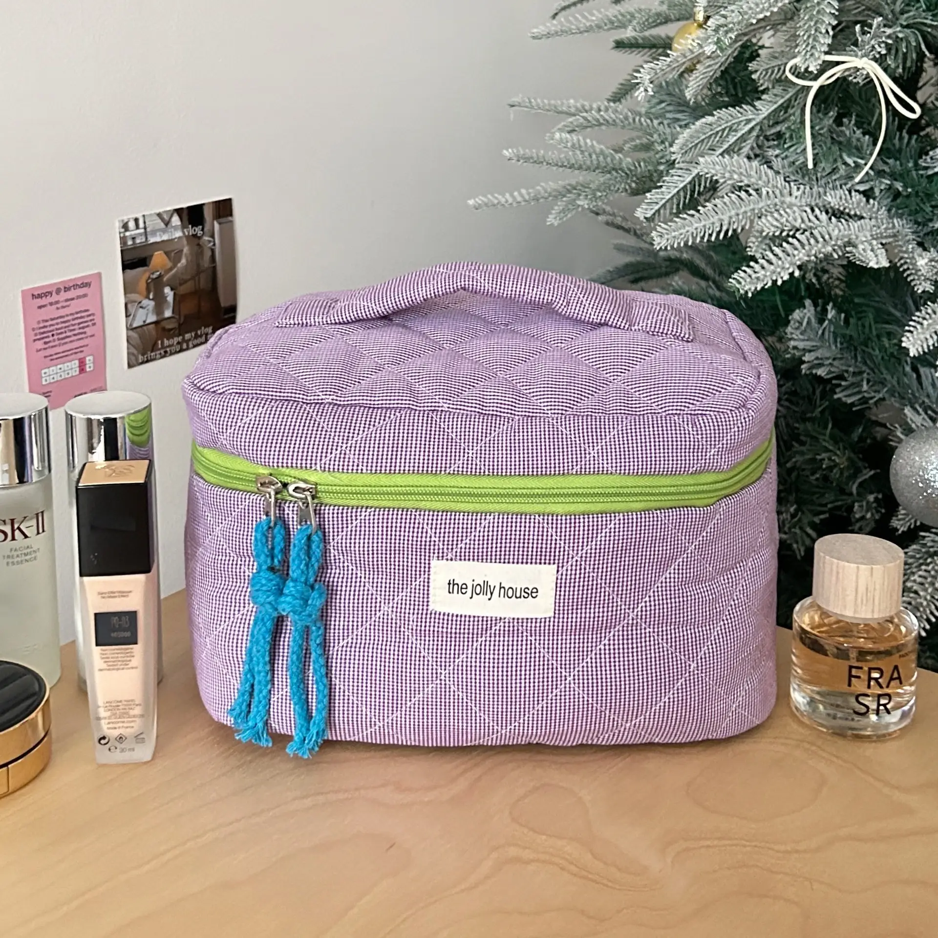 Pink Quilted Cosmetic Bag for Women Large Capacity Travel Bag
