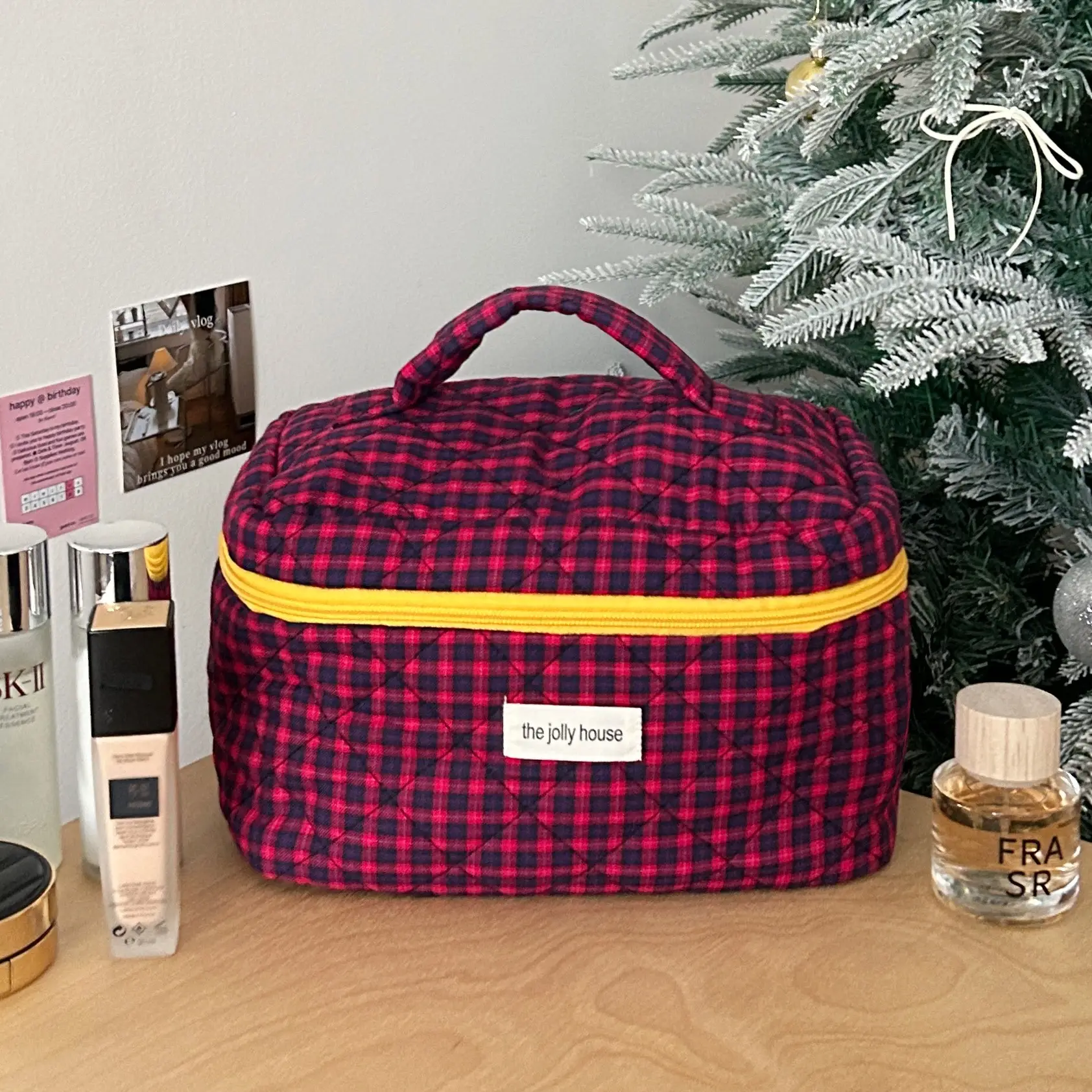 Pink Quilted Cosmetic Bag for Women Large Capacity Travel Bag