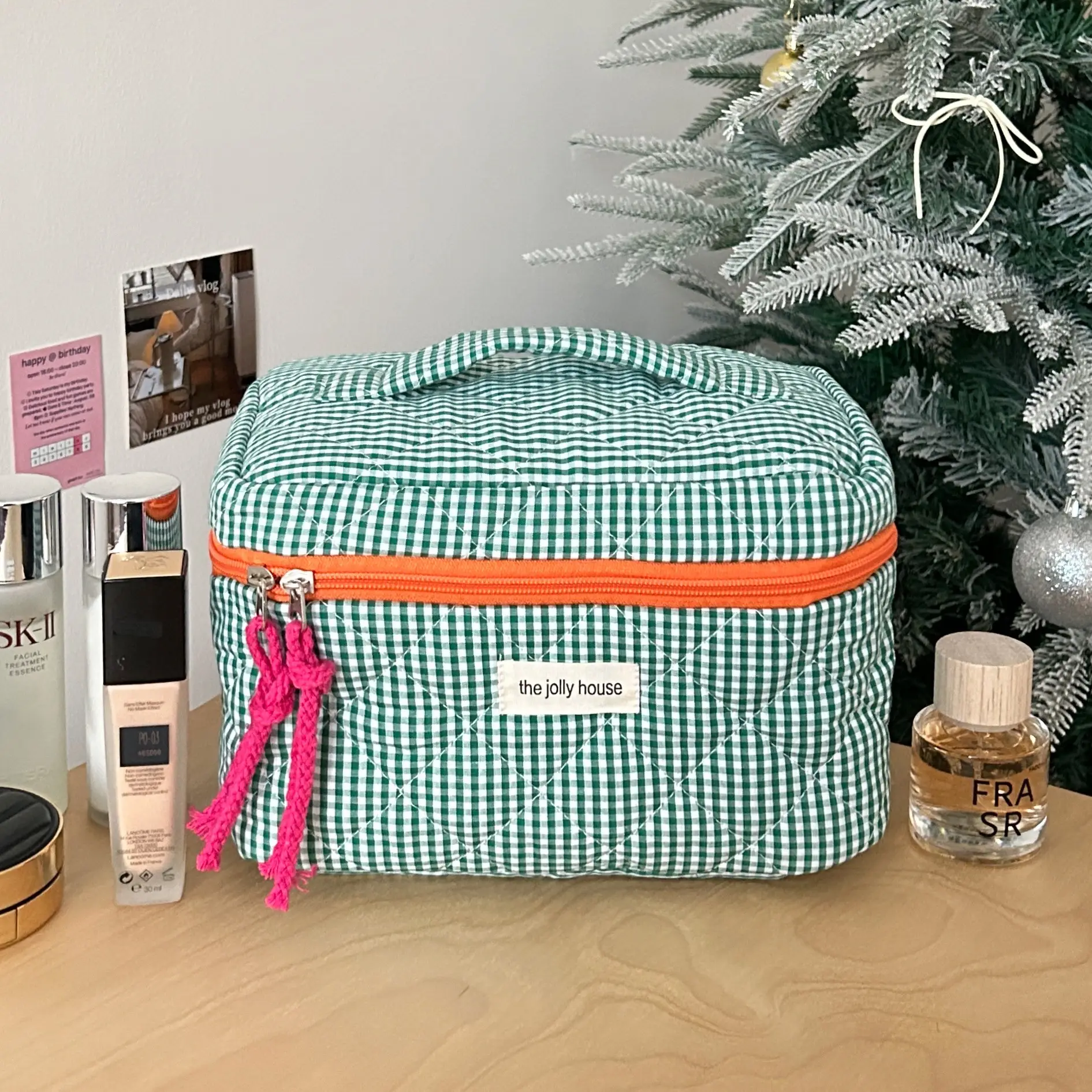 Pink Quilted Cosmetic Bag for Women Large Capacity Travel Bag