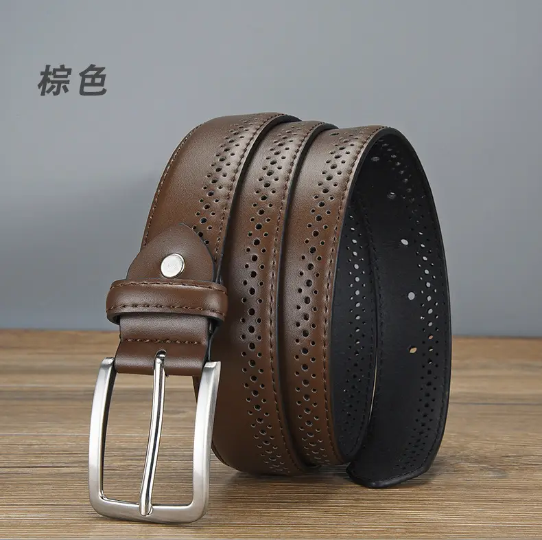 Men's Brown Leather Belt with Silver Buckle — feature 5