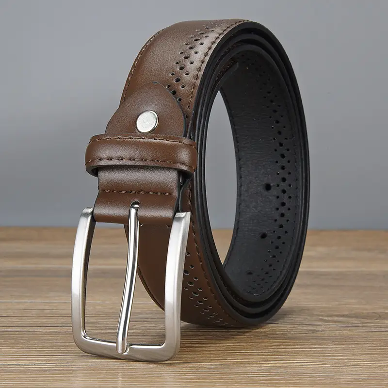 Men's Brown Leather Belt with Silver Buckle - Image 2