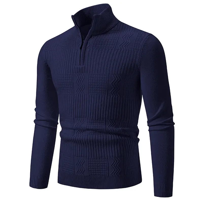 Men's Navy Solid Collar Pullover Sweater