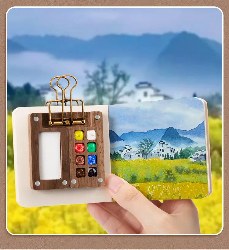 Mini Watercolor Paint Box Walnut Box Portable Hand Ledger Sketching Travel Painting Book Color Set — feature 3