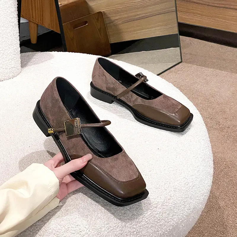French Style Retro Flat Bottom Grandma Shoes Women's Shallow Mouth Design Sense Color-matching Square Head Elegant Mary Jane Shoes Women - Image 5