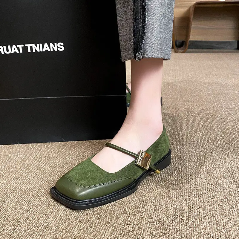 French Style Retro Flat Bottom Grandma Shoes Women's Shallow Mouth Design Sense Color-matching Square Head Elegant Mary Jane Shoes Women - Image 7