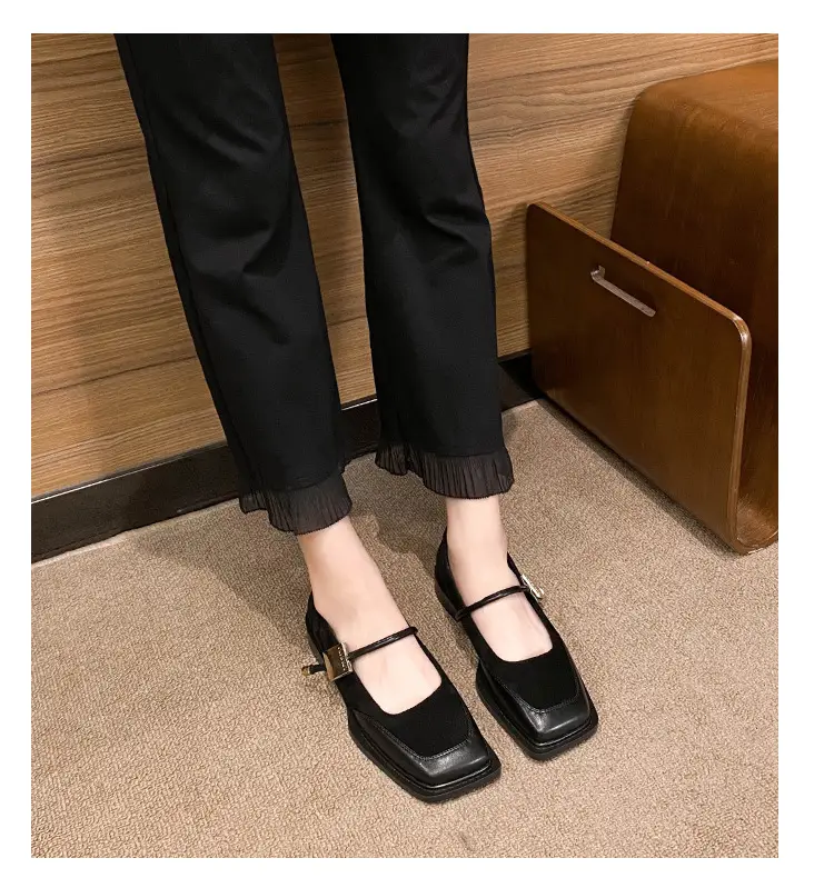 French Style Retro Flat Bottom Grandma Shoes Women's Shallow Mouth Design Sense Color-matching Square Head Elegant Mary Jane Shoes Women — feature 10