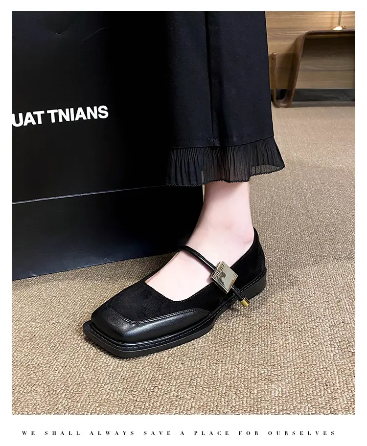 French Style Retro Flat Bottom Grandma Shoes Women's Shallow Mouth Design Sense Color-matching Square Head Elegant Mary Jane Shoes Women — feature 11