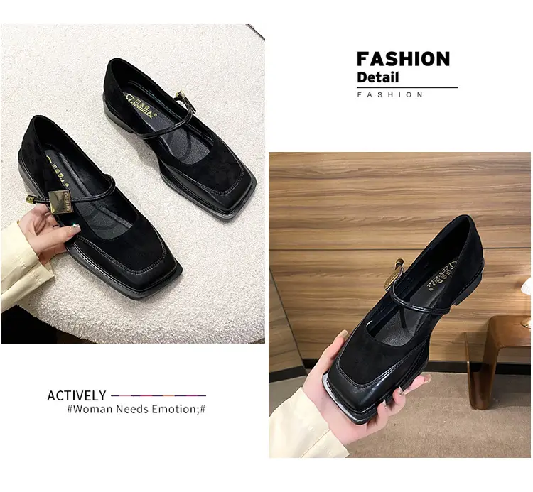 French Style Retro Flat Bottom Grandma Shoes Women's Shallow Mouth Design Sense Color-matching Square Head Elegant Mary Jane Shoes Women — feature 12