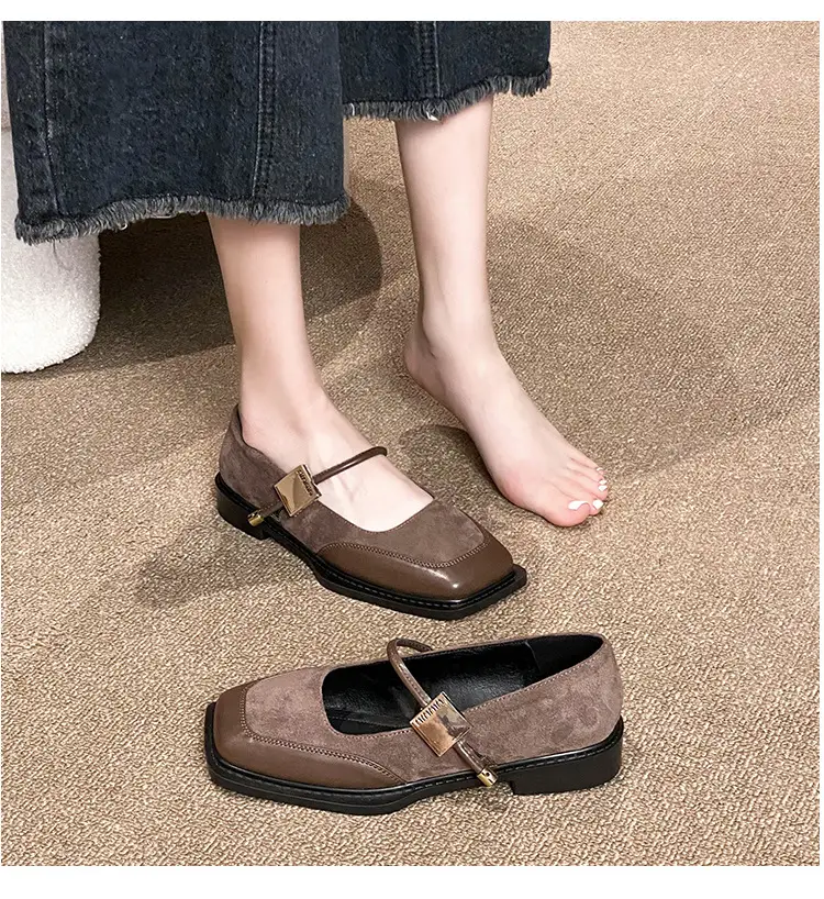 French Style Retro Flat Bottom Grandma Shoes Women's Shallow Mouth Design Sense Color-matching Square Head Elegant Mary Jane Shoes Women — feature 15