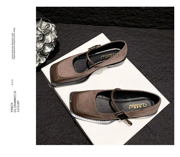 French Style Retro Flat Bottom Grandma Shoes Women's Shallow Mouth Design Sense Color-matching Square Head Elegant Mary Jane Shoes Women — feature 17