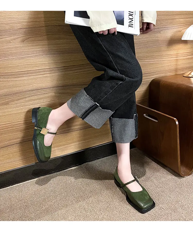 French Style Retro Flat Bottom Grandma Shoes Women's Shallow Mouth Design Sense Color-matching Square Head Elegant Mary Jane Shoes Women — feature 19